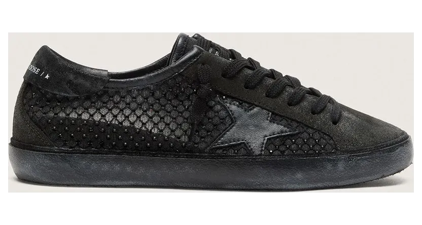 Golden Goose Women’S Super-Star Ltd In Perforated Black Suede With Black Star And Crystals (GWF01088.F008590.90100)