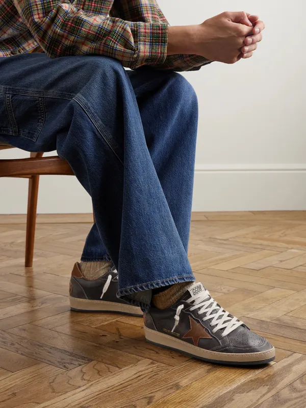 Golden Goose Ball Star Distressed Suede-Trimmed Leather Sneakers Dark brown (GMF00117.F008232) (2)