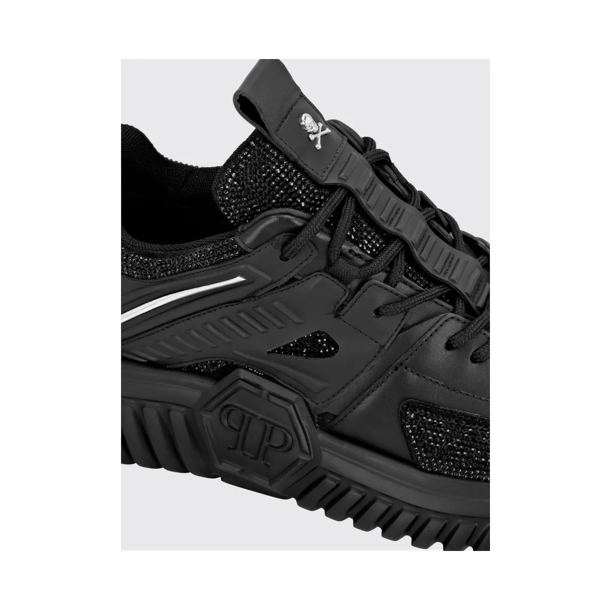 Philipp plein Leather Low-Top Sneakers with Rhinestones and Hexagon Logo Black (PACSUSC0463PLE075N02) (2)