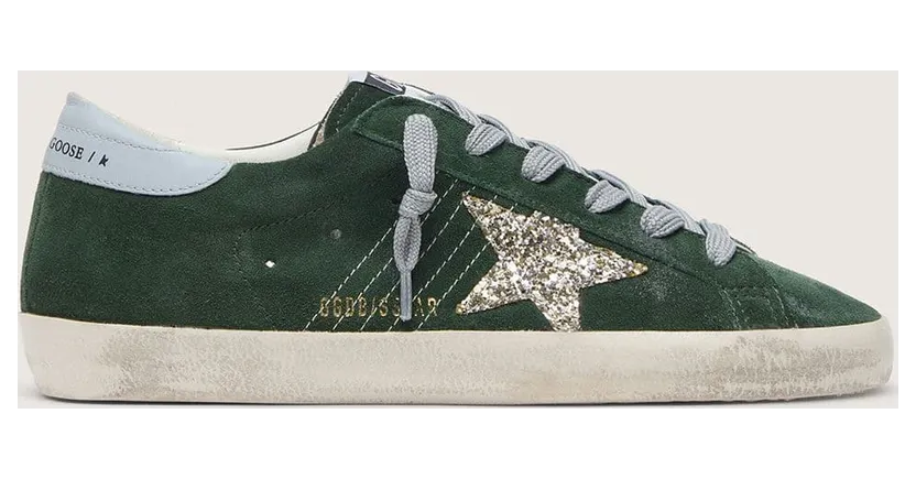 Golden Goose Super-Star In Green Suede, Silver Glitter Star And Leather Heel Tab (GWF00101.F007200.35923)