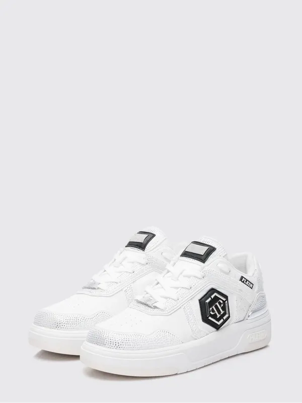 Philipp plein SK8R Leather Sneakers with Applied Rhinestones White (SAFSUSC0923PTE003N0101)