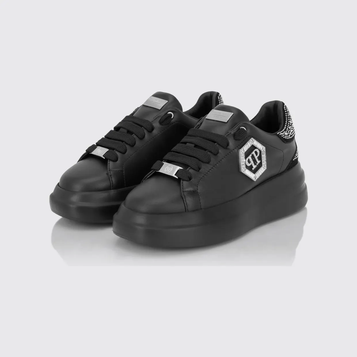 Philipp plein Leather Chunky Sneakers with Hexagon Logo and Rhinestones Black (FAFSWSC2812PLE022N0202)
