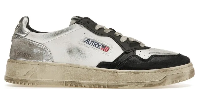 Autry Medalist Leather Low Distressed White Black Silver (AVLM-SV11)