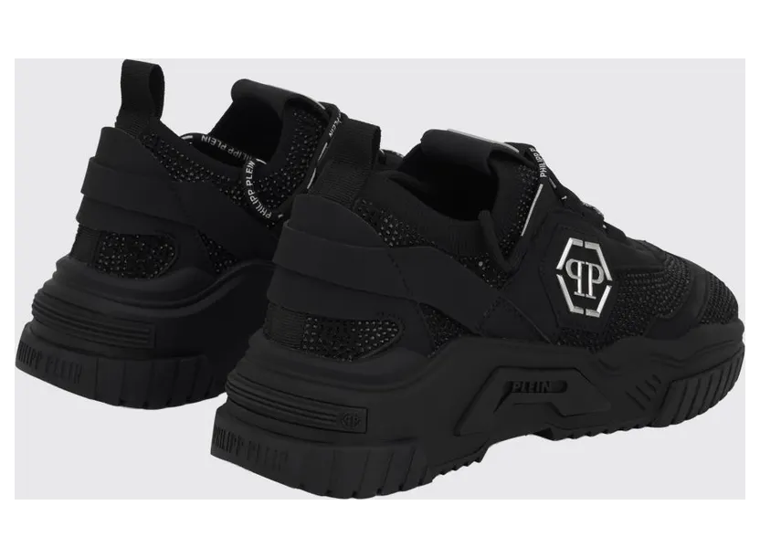 Philipp plein Low-Top Leather and Stretch Viscose Sneakers with Monogram and Rhinestones Black (PAFSUSC0926PTE003N0202) (2)