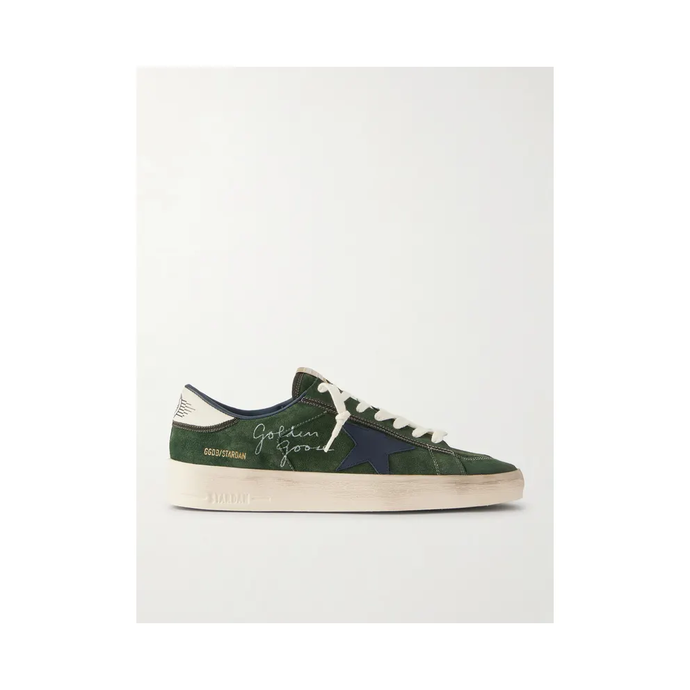 Golden Goose Stardan Distressed Leather-Trimmed Suede Sneakers Green (GMF00333.F008104)