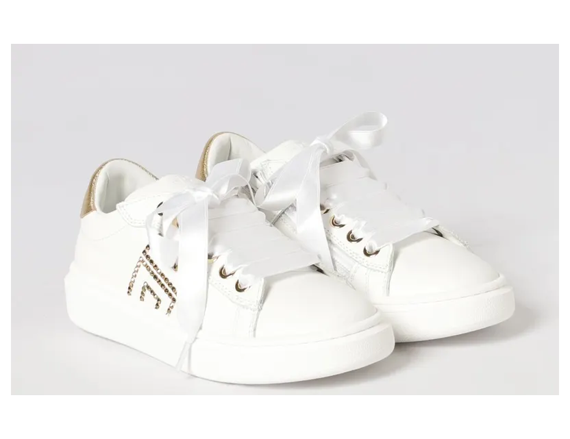 Elisabetta Franchi Leather Sneakers with Rhinestone Logo White (F4A9E05040092B093)