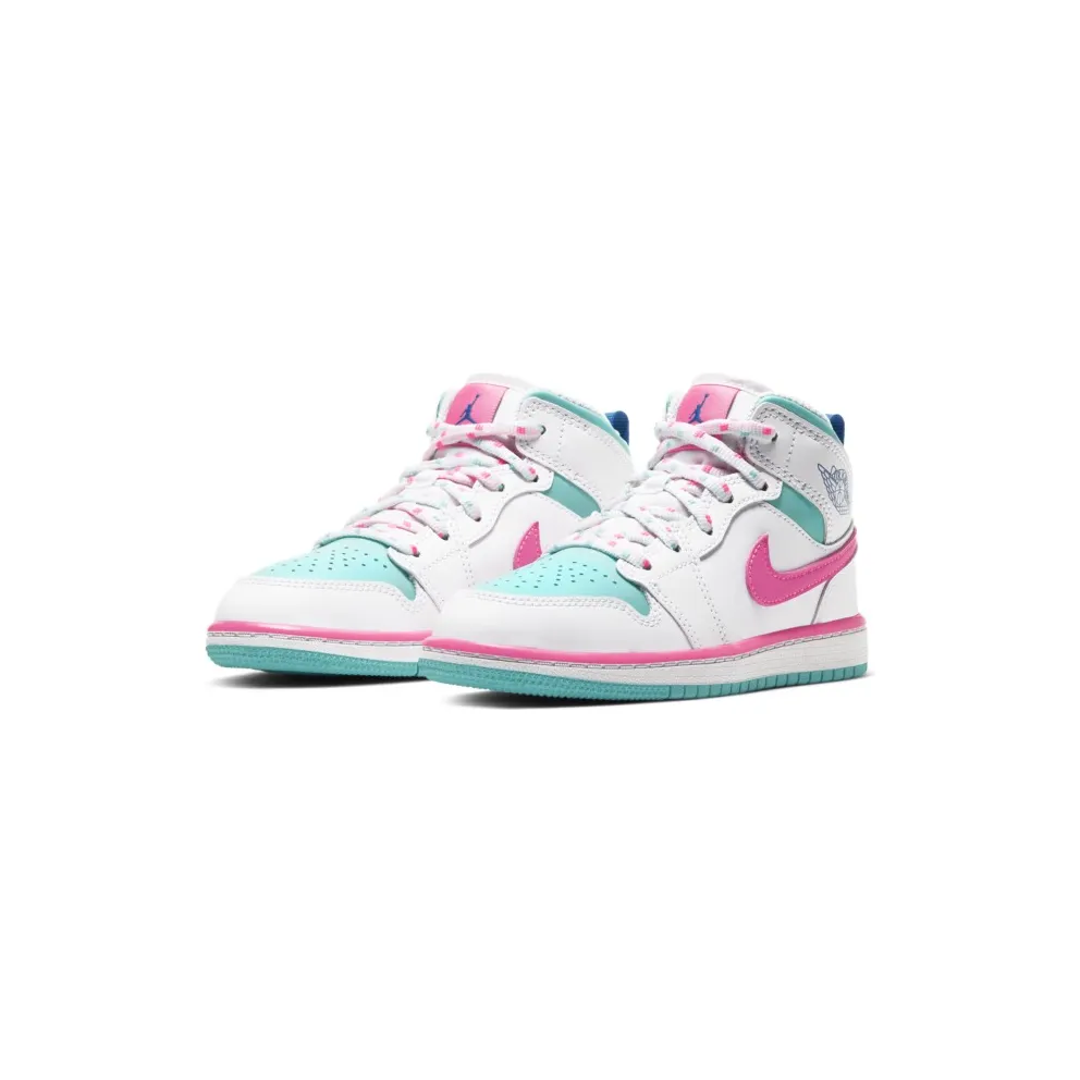 Jordan 1 Mid White Pink Green Soar (PS) White/Digital Pink-Aurora Green-Soar (640737-102)