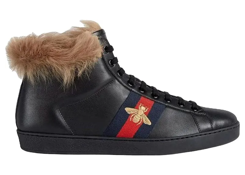 Gucci Ace Stripe High-Top Black Fur (497367 0FI50 1093)