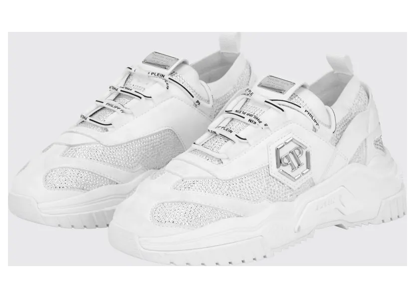 Philipp plein Low-Top Leather and Stretch Viscose Sneakers with Monogram and Rhinestones White (PAFSUSC0926PTE003N0101)