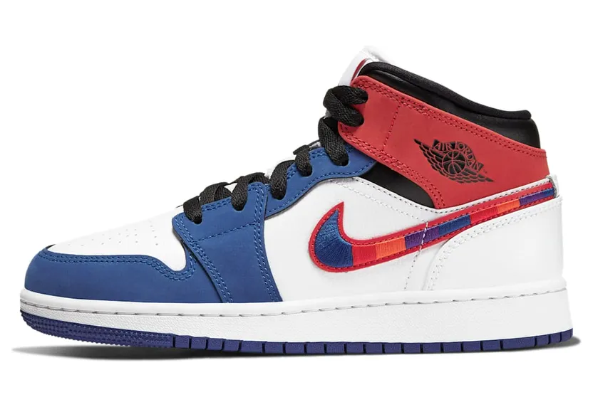 Air Jordan 1 Mid SE GS Multicolor Swoosh “White / Rush Blue / Black / University Red” (BQ6931-146)