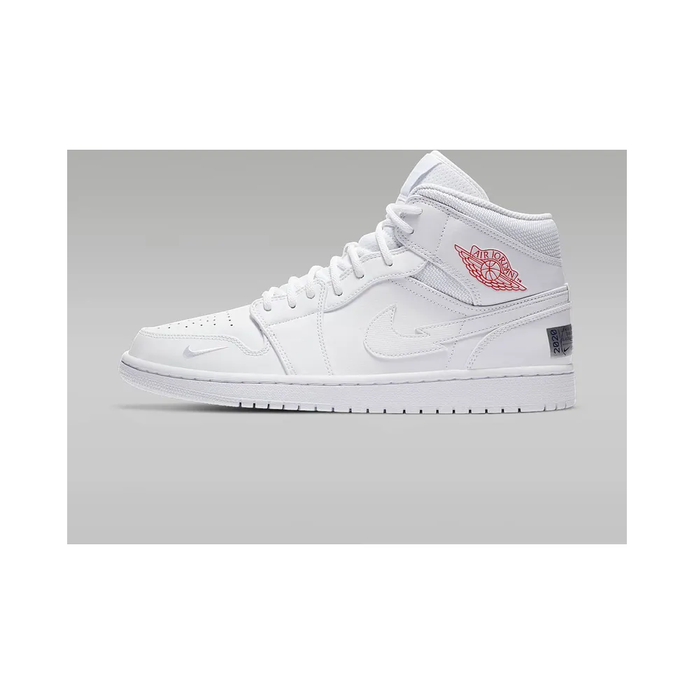 Jordan 1 Mid SE Nike Swoosh On Tour (2020) White/White-Gym Red-White (CW7589-100)