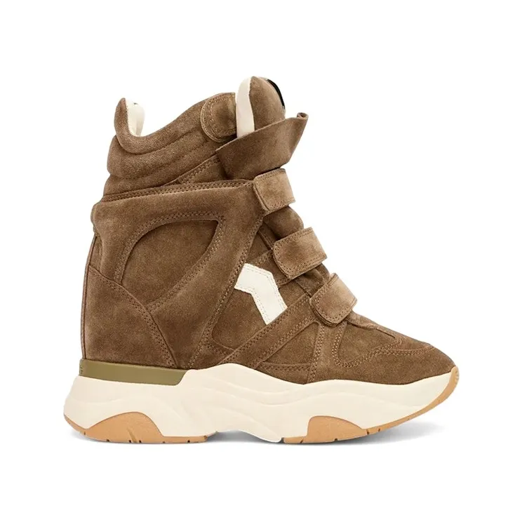 Isabel Marant Balskee High-Top Wedge Sneakers Khaki Ecru Suede Calfskin Leather (BK0009FA-B4E10S-KAEC)