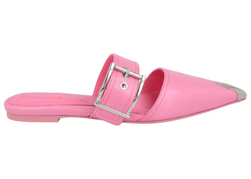 Alexander McQueen Buckle Leather Mules Sugar Pink Silver (733188 WHSWD 5482)