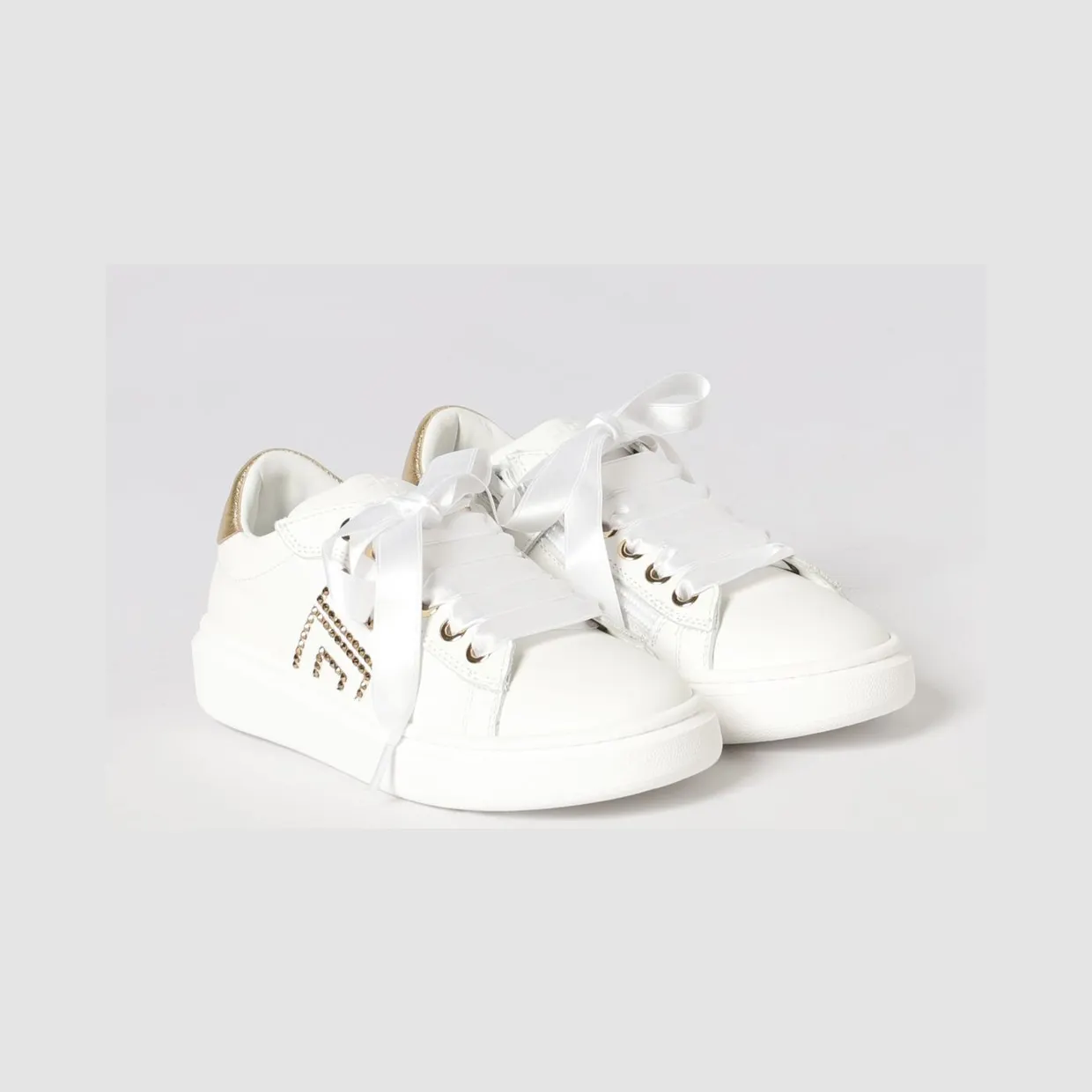 Elisabetta Franchi Leather Sneakers with Rhinestone Logo White (F4A9E05040092B093)