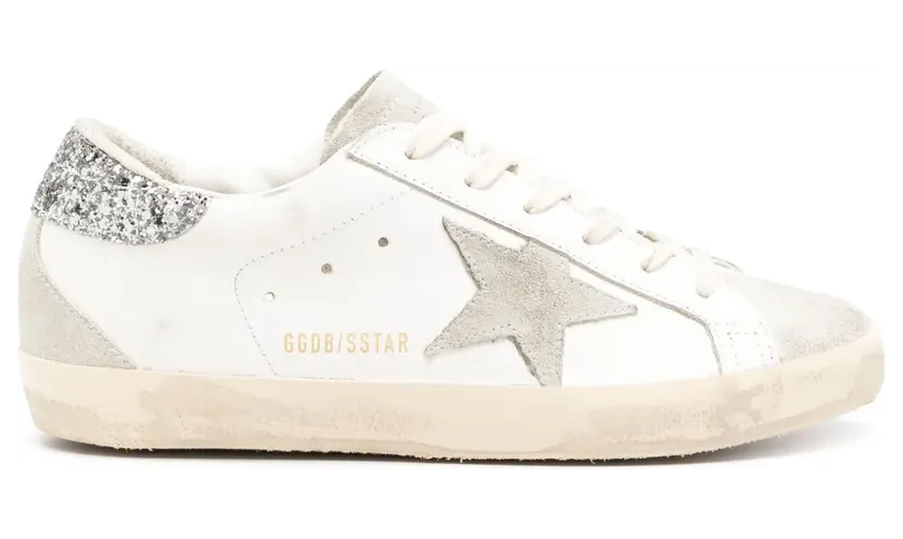 Golden Goose Super-Star mit grauem Stern und silberfarbenem Glitter-Absatz “White” (GWF00102F004712)