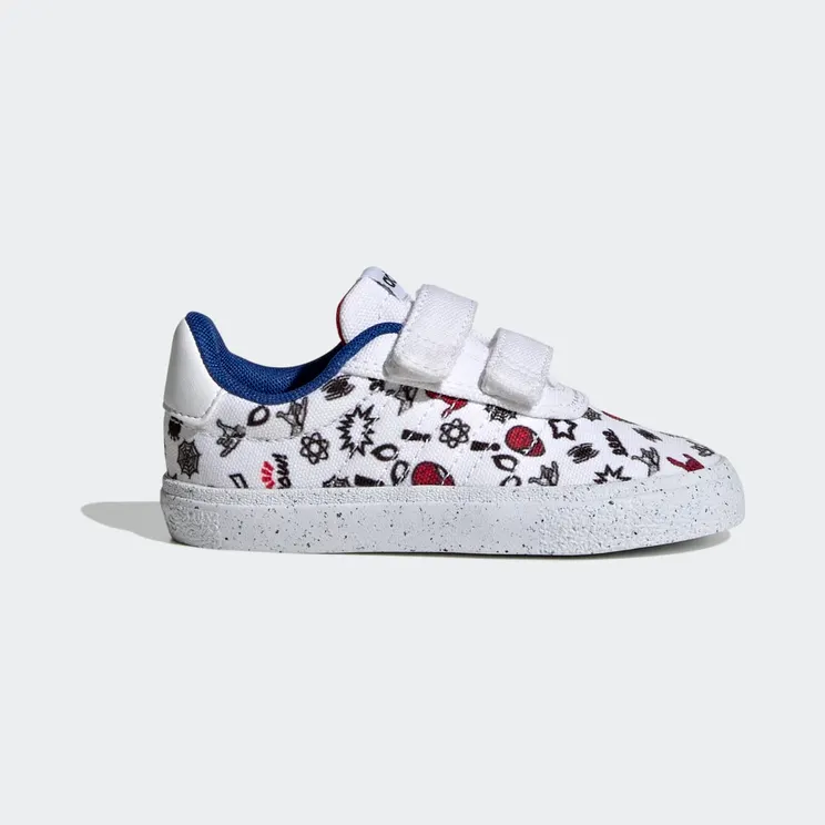 adidas x Marvel VULCRAID3R Spider-Man met Klittenband Cloud White / Cloud White / Better Scarlet (HP7752)
