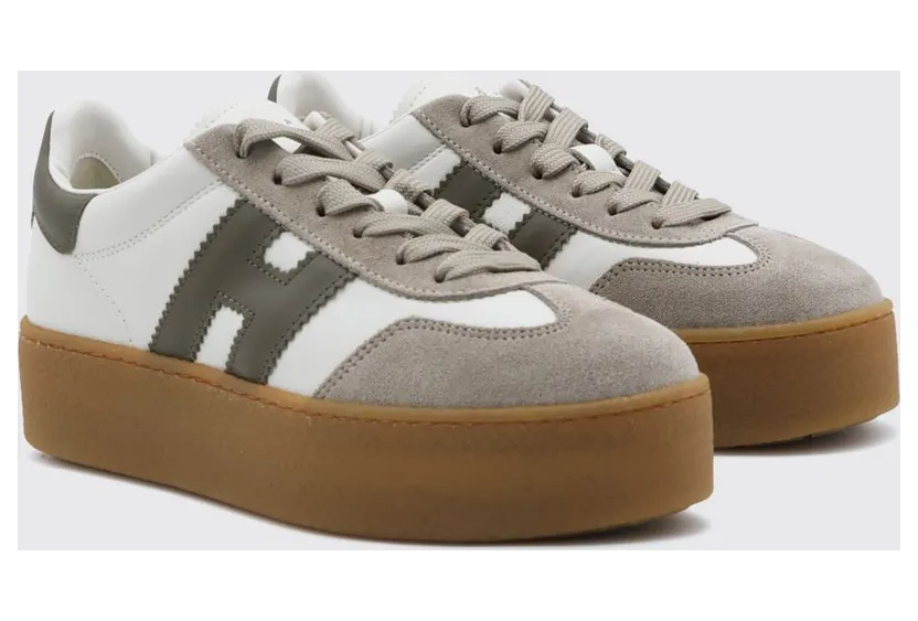 Hogan Cool Platform Leather and Suede Sneakers with H Logo Kaki (HXW6980FB60UHC0RZR)