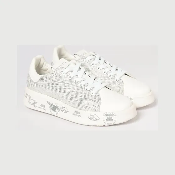Premiata Belle Leather Sneakers with Rhinestones Yellow Cream (BELLE8158)