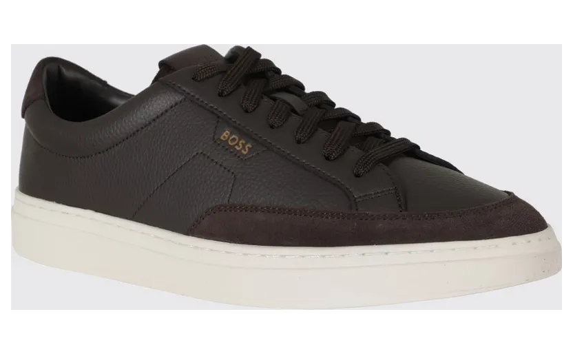 Boss Kieran Low-Top Trainers in Grained Leather with Printed Logo Brown (50568536201)