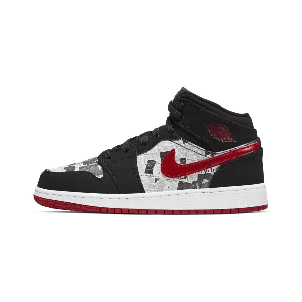 Jordan 1 Mid Newspaper Air Times (GS) Black/Gym Red-White (BQ6931-061)