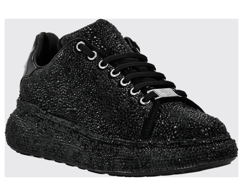 Philipp plein Leather Platform Sneakers with Embroidered Details and Rhinestones Black (PAASWSC2082PCO058N02)