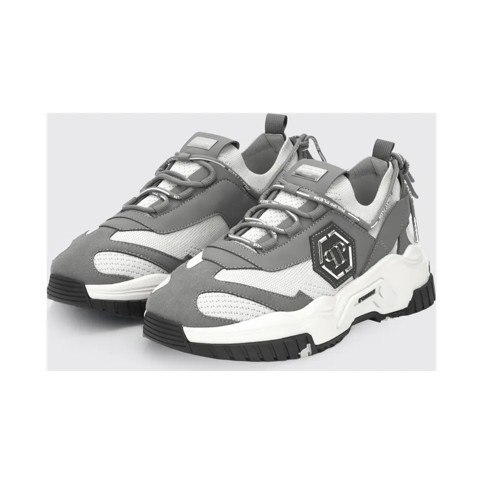 Philipp plein Low-Top Sneakers in Crochet Knit and Leather with Metallic Hexagon Logo Grey (FABSUSC0248PTE003N1072)