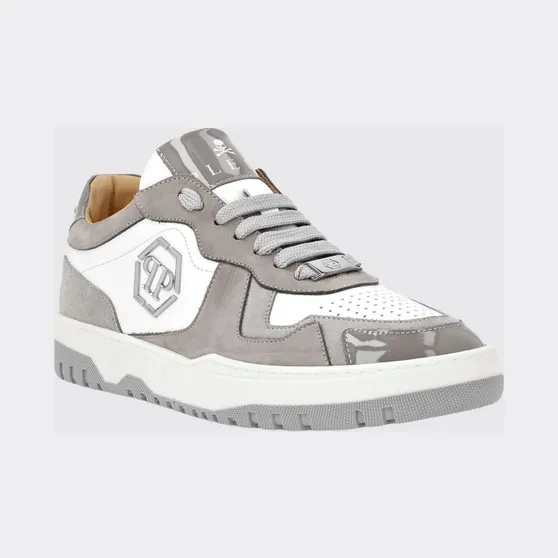 Philipp plein Low-Top Sneakers in Leather and Suede with Applied Hexagon Logo White (SADSUSC0549PLE010N0110)