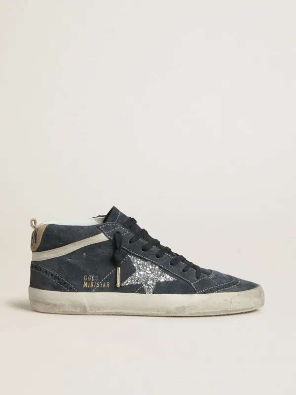 Golden Goose Mid Star In Petrol-Blue Suede With Silver Glitter Star And Cotton Flash (GWF00122.F007917.50970)