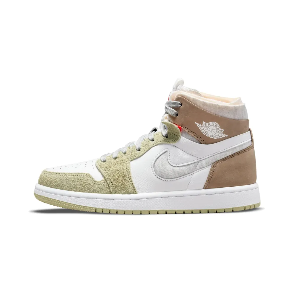Jordan 1 High Zoom CMFT Olive Aura (W) – “White / Grey Heather-olive Aura-khaki” (CT0979-102)