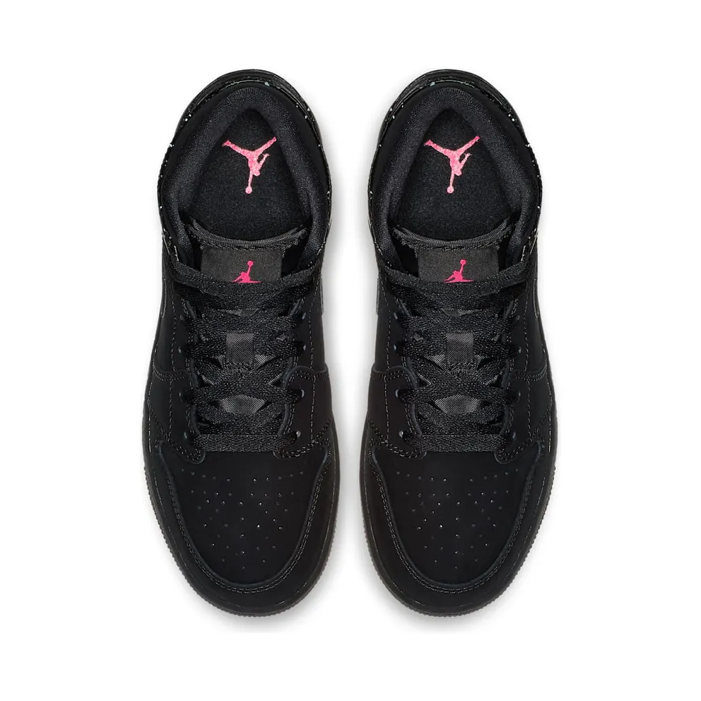 Jordan 1 Mid Black Rush Pink White Splatter (GS) Black/Rush Pink-White-Black (555112-001)
