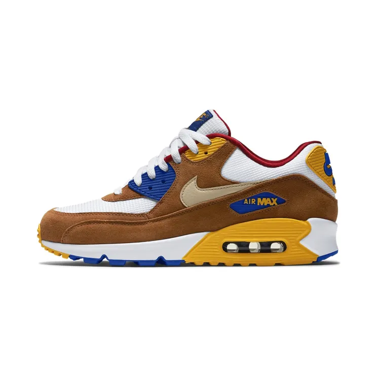 Nike Air Max 90 PRM Curry “White / Tawny / Game Royal / Metallic Gold Grain” (700155-107)