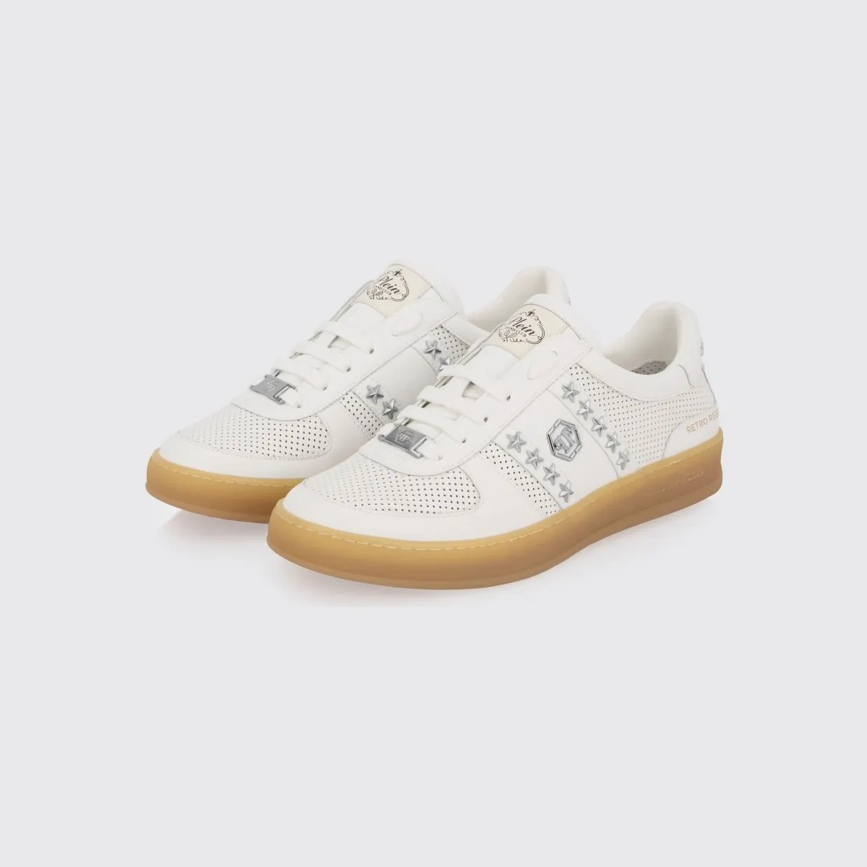 Philipp plein Retro Rebel Perforated Leather Sneakers with Applied Stars White (PAFSUSC0947PLE005N01)