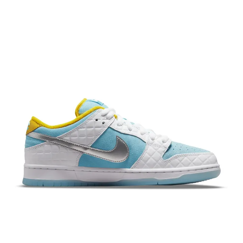 Nike x FTC SB Dunk Low (2021) – “White / Lagoon Pulse-metallic Silver-speed Yellow” (DH7687-400)