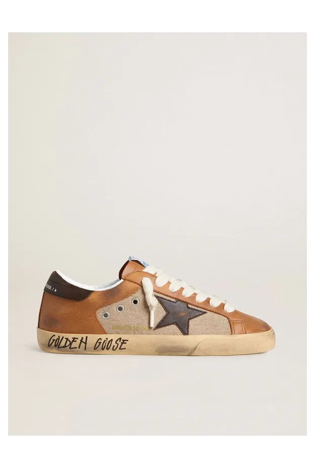 Golden Goose Super-Star Ltd In Beige Wool With Brown Leather Star And Camel Inserts (GMF01006.F007877.55710)