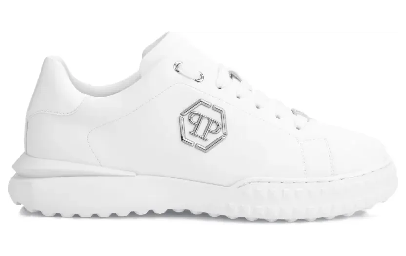 Philipp Plein Hexagon leren low-top sneakers met logoplakkaat – Wit (LAESUSC0985PLE010N)