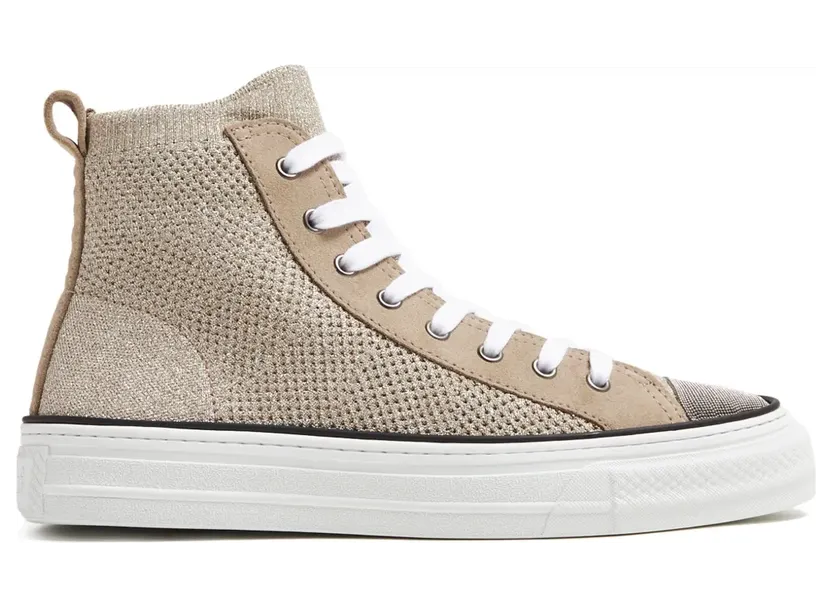 Brunello Cucinelli Metallic gebreide sneakers met monilikralen – Beige (MZ34G2619)