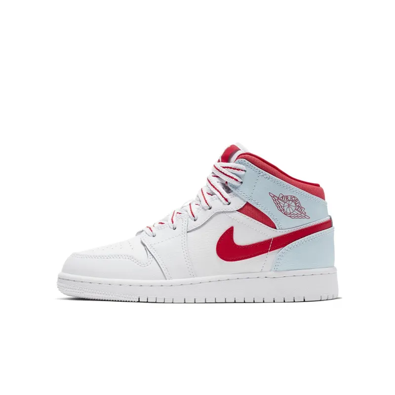 Jordan 1 Mid White Topaz Mist (GS) White/University Red-Topaz Mist-Ember Glow (555112-104)