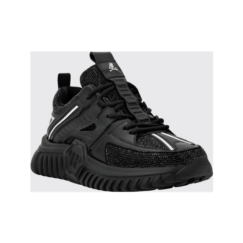 Philipp plein Leather Low-Top Sneakers with Rhinestones and Hexagon Logo Black (PACSUSC0463PLE075N02)