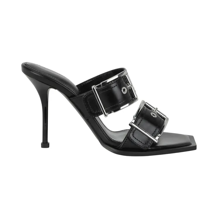 Alexander McQueen Double Buckle Punk 4 In Mules Black Silver (709990-WHSWD-1081)