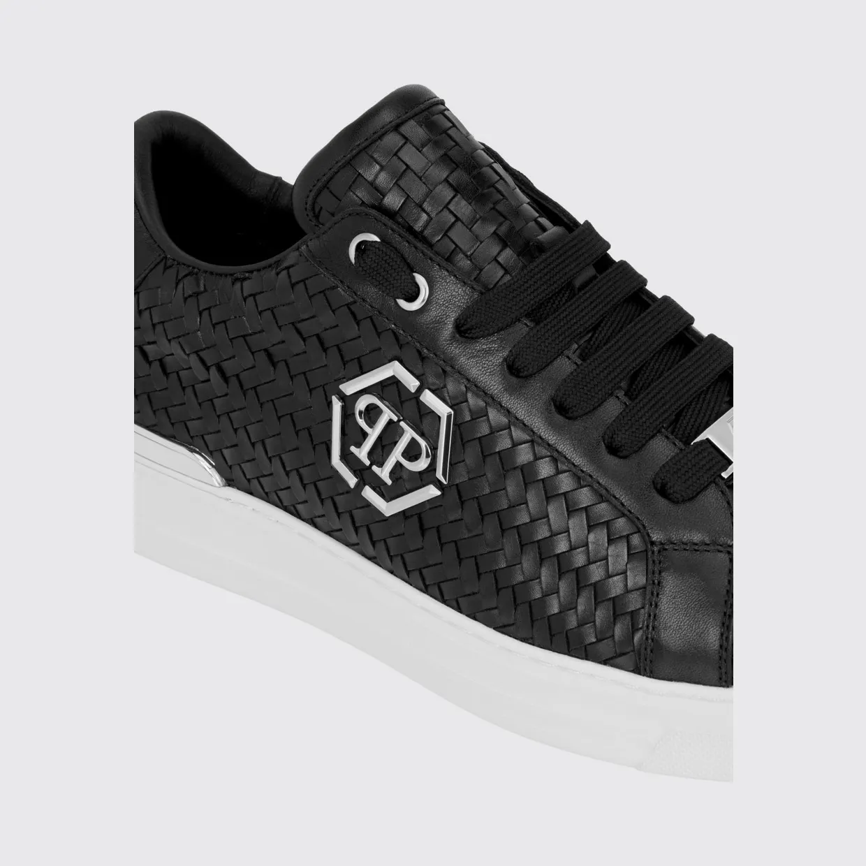 Philipp plein Woven Leather Low-Top Sneakers with Hexagon Logo Black (FAFSMSC4090PLE010N02) (3)