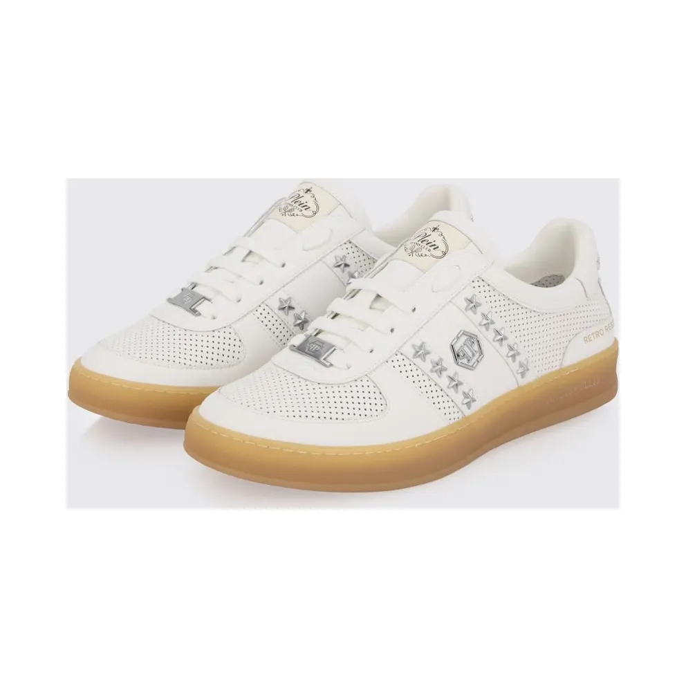 Philipp plein Retro Rebel Perforated Leather Sneakers with Applied Stars White (PAFSUSC0947PLE005N01)