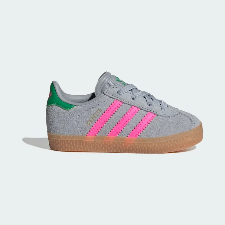 Adidas Gazelle Comfort Closure Elastic Laces Shoes Kids Halo Silver / Lucid Pink / Green (IH6477)