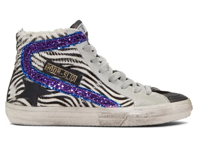 Golden Goose Black and White Zebra-Purple Slide Sneakers (G34WS595.A11)