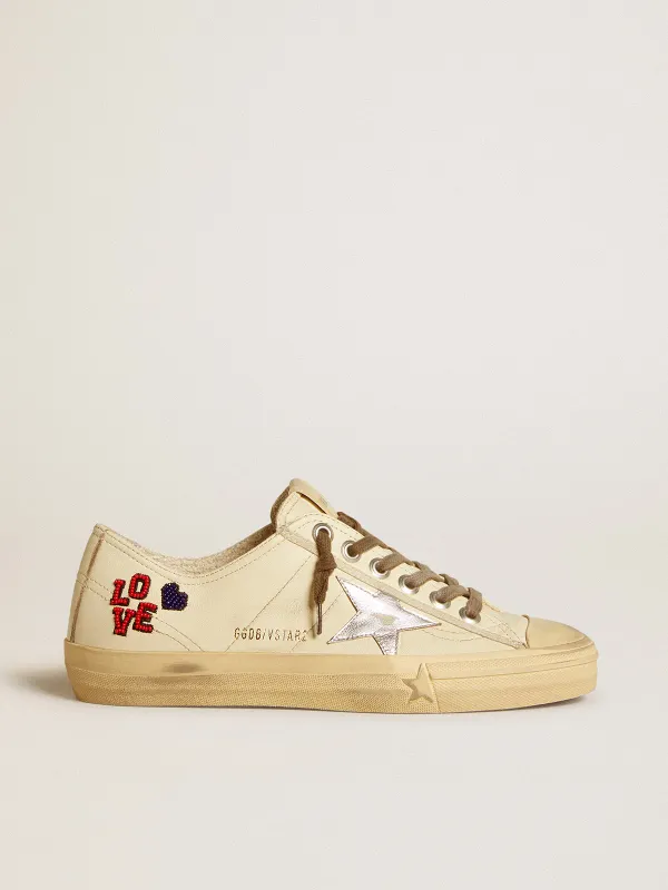 Golden Goose V-Star In Ecru Nappa With Silver Nappa Star And Beaded Embroidery (GWF00129.F006650.11548)