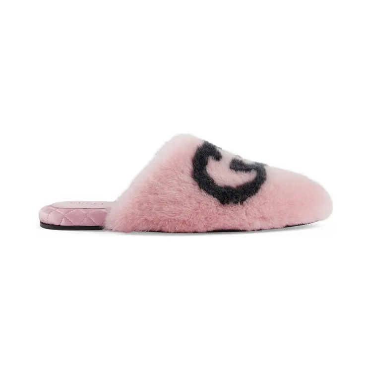 Gucci Interlocking G Faux-Fur Slippers Pink Black (719847 AAAUL 8440)