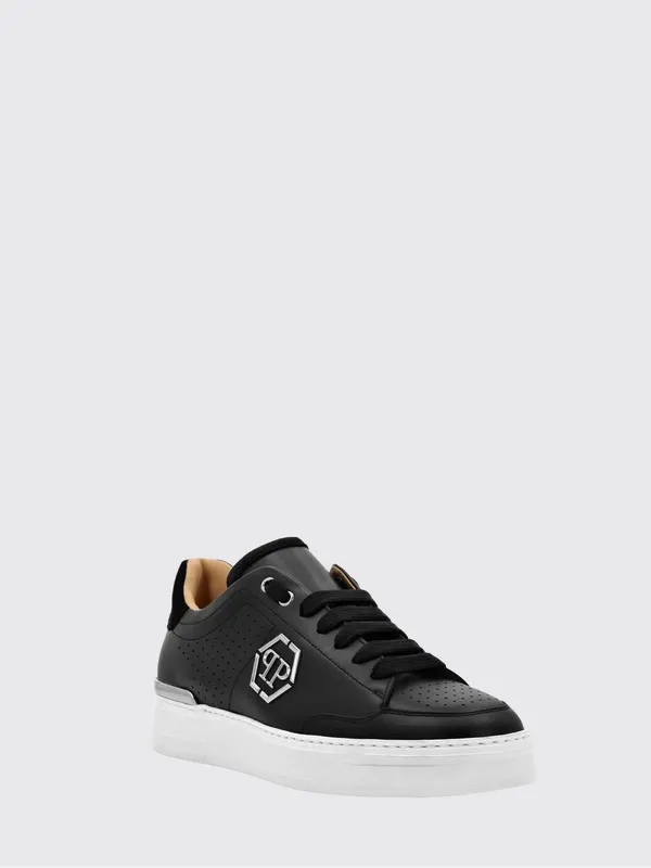 Philipp plein Leather Low-Top Sneakers with Monogram Pattern and Applied Hexagon Logo Black (SADSUSC0538PLE022N02)