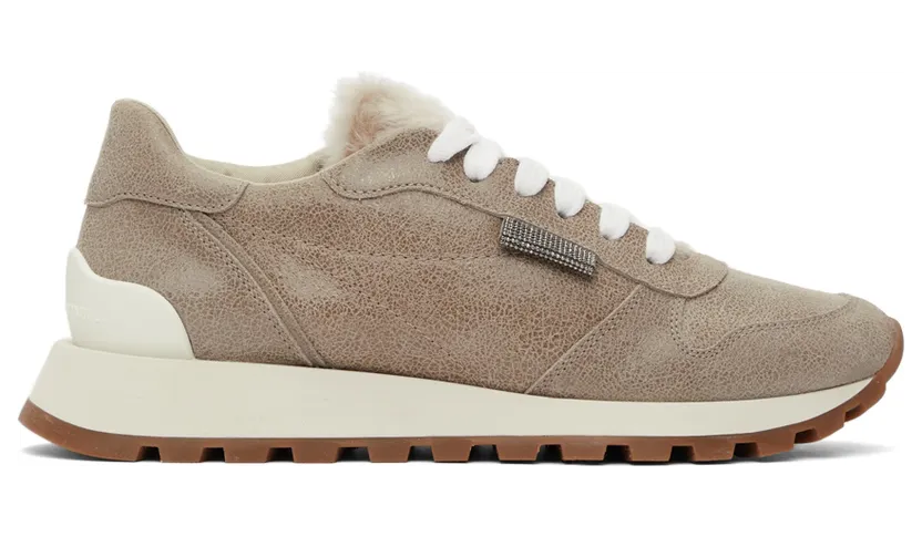 Brunello Cucinelli Grey Suede Low-Top Sneakers (MZAMG2115)