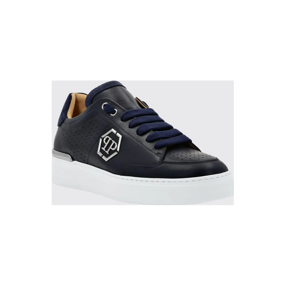 Philipp plein Leather Low-Top Sneakers with Monogram Pattern and Applied Hexagon Logo Blue (SADSUSC0538PLE022N14)