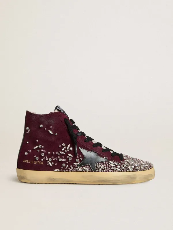 Golden Goose Francy Lab In Burgundy Suede With Glossy Black Leather Star And Rhinestones (GWF00113.F007814.40359)