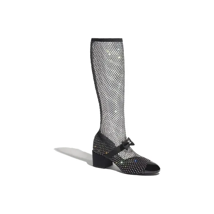 Chanel Resille 55mm Knee High Mary Janes Black Crystal Patent Calfskin (G40101 Y56614 K5929)
